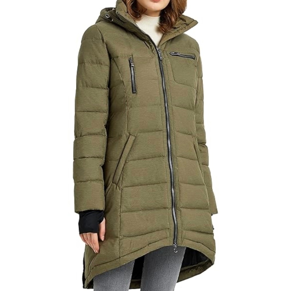Orolay Women's Quilted Mid-Length Down Jacket Olive Green Size S ,Hooded Jacket